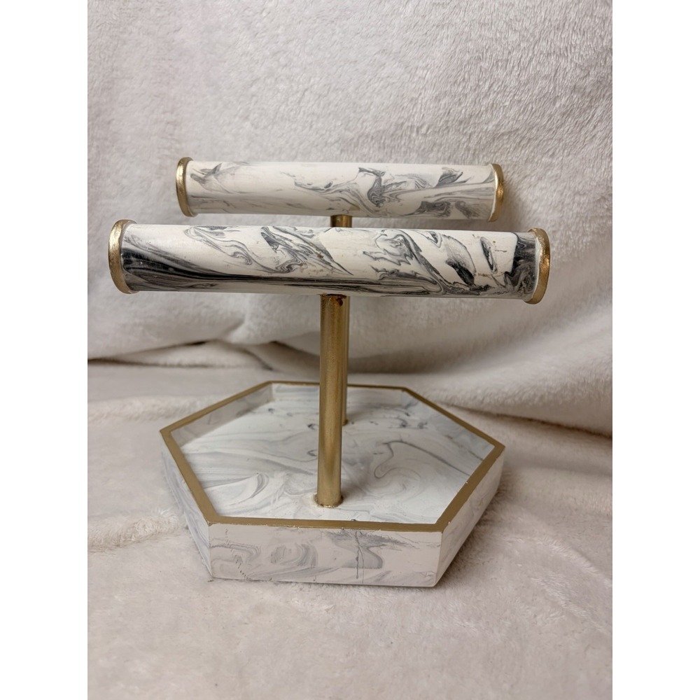 Modern 2-Tier Faux Marble/Gold T-Bar Jewelry Organizer Stand Hexagonal Base Tray